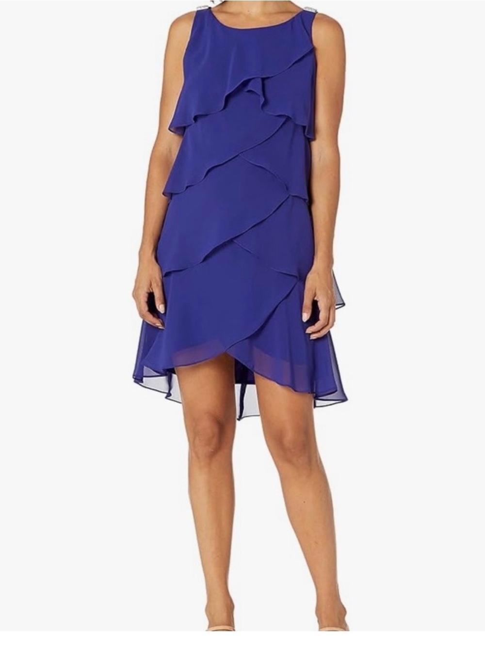 SLNY - Cobalt Blue High-Low Layered Chiffon Dress - Size 8